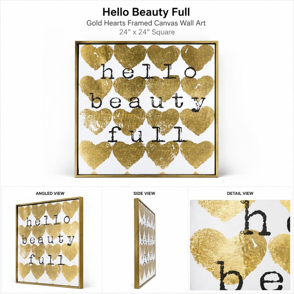 Hello Beauty Full Gold Hearts Framed Canvas Wall Art 24x24 Square Gold Foil Art